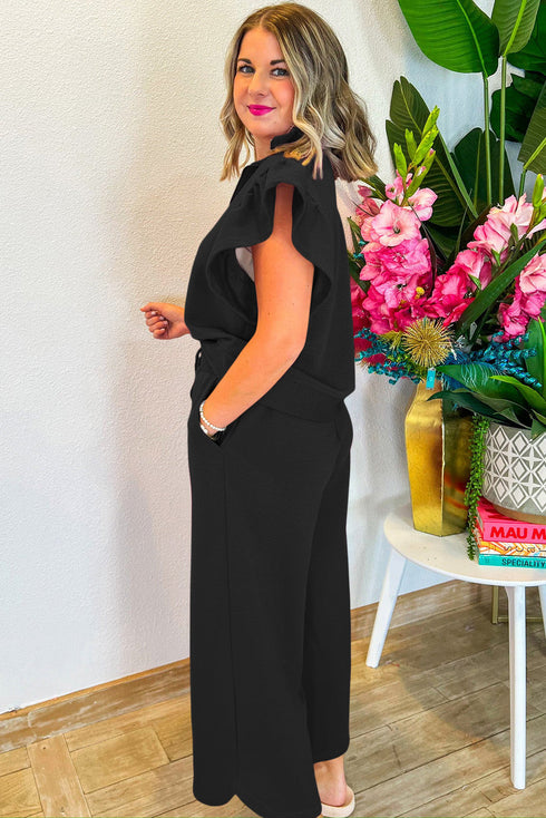 Textured Ruffled Sleeve Zipped Top and Wide Leg Pants Set